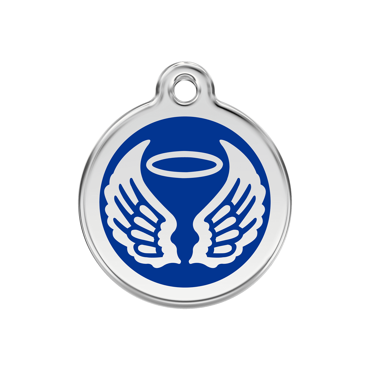 Vue avant - Médaille personnalisée pour chien ou chat Red Dingo Émail et acier inoxydable - Ailes d'anges - Bleu foncé - Größe M