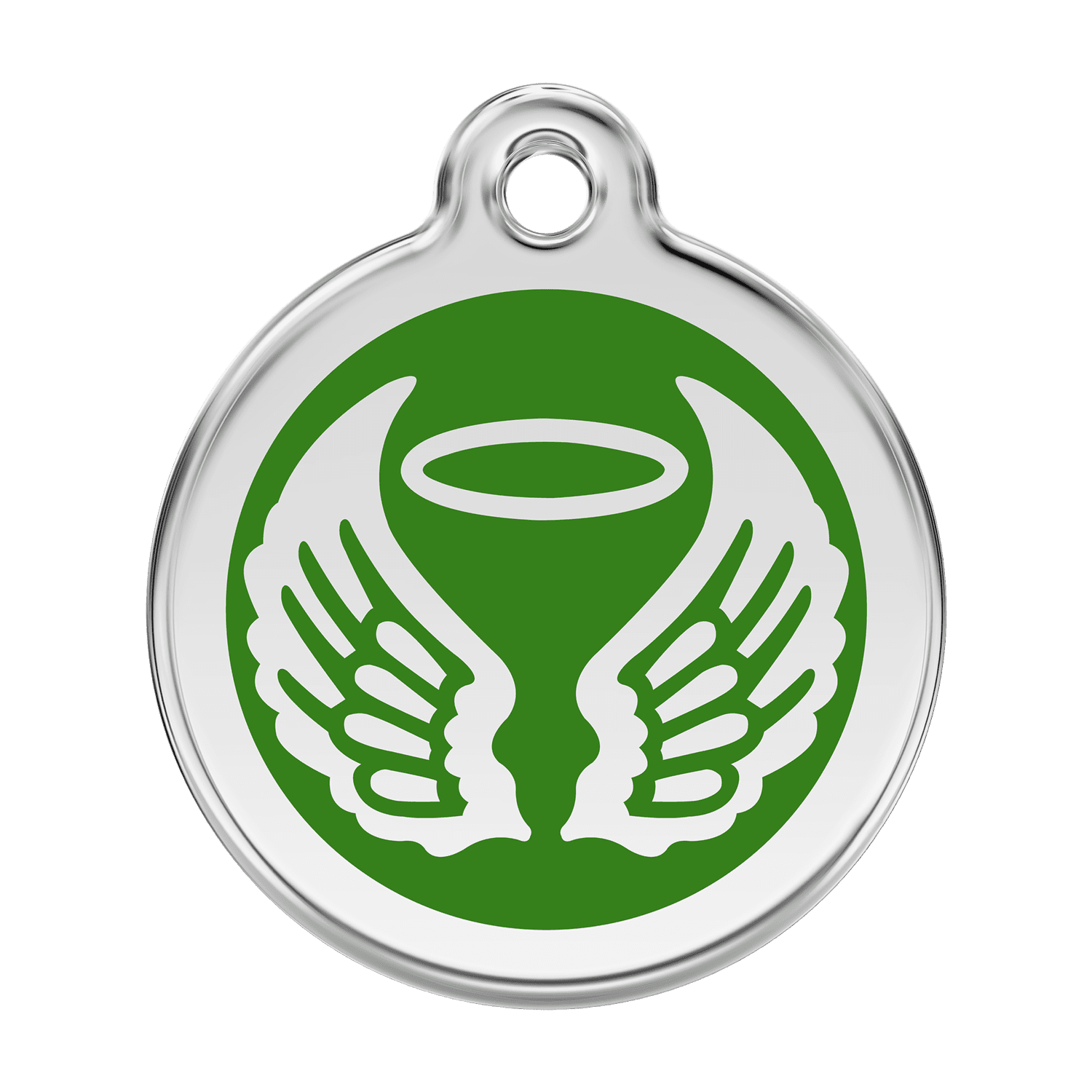 Vue avant - Médaille personnalisée pour chien Red Dingo Émail et acier inoxydable - Ailes d'anges - Vert - Größe L
