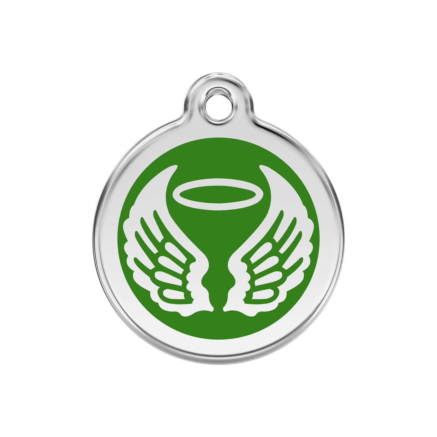 Vue avant - Médaille personnalisée pour chien ou chat - Red Dingo Émail et acier inoxydable - Ailes d'anges - Vert - Größe M