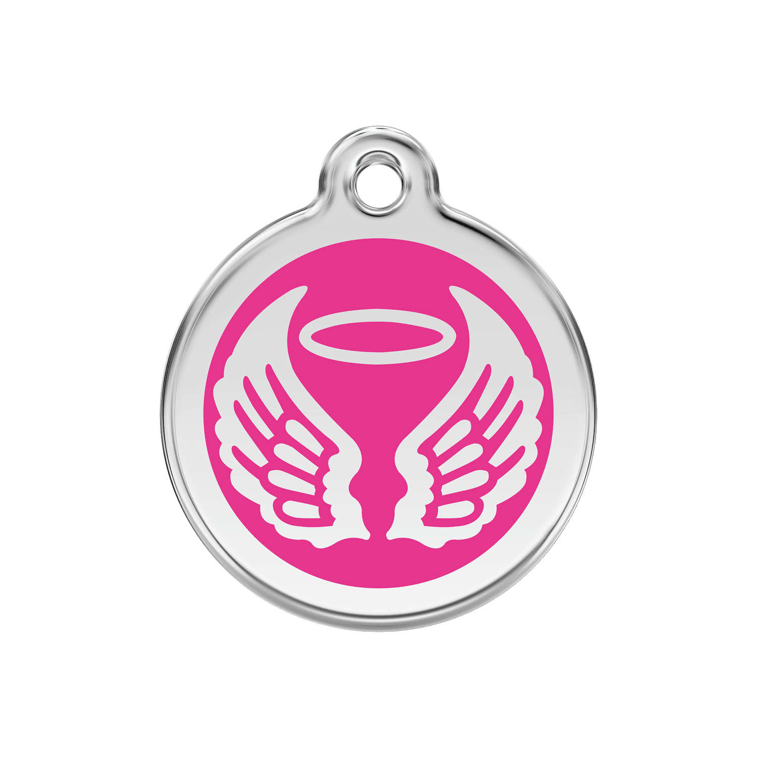 Vue avant - Médaille personnalisable pour chien Red Dingo Émail et acier inoxydable - Ailes d'anges - Rose vif - Größe M