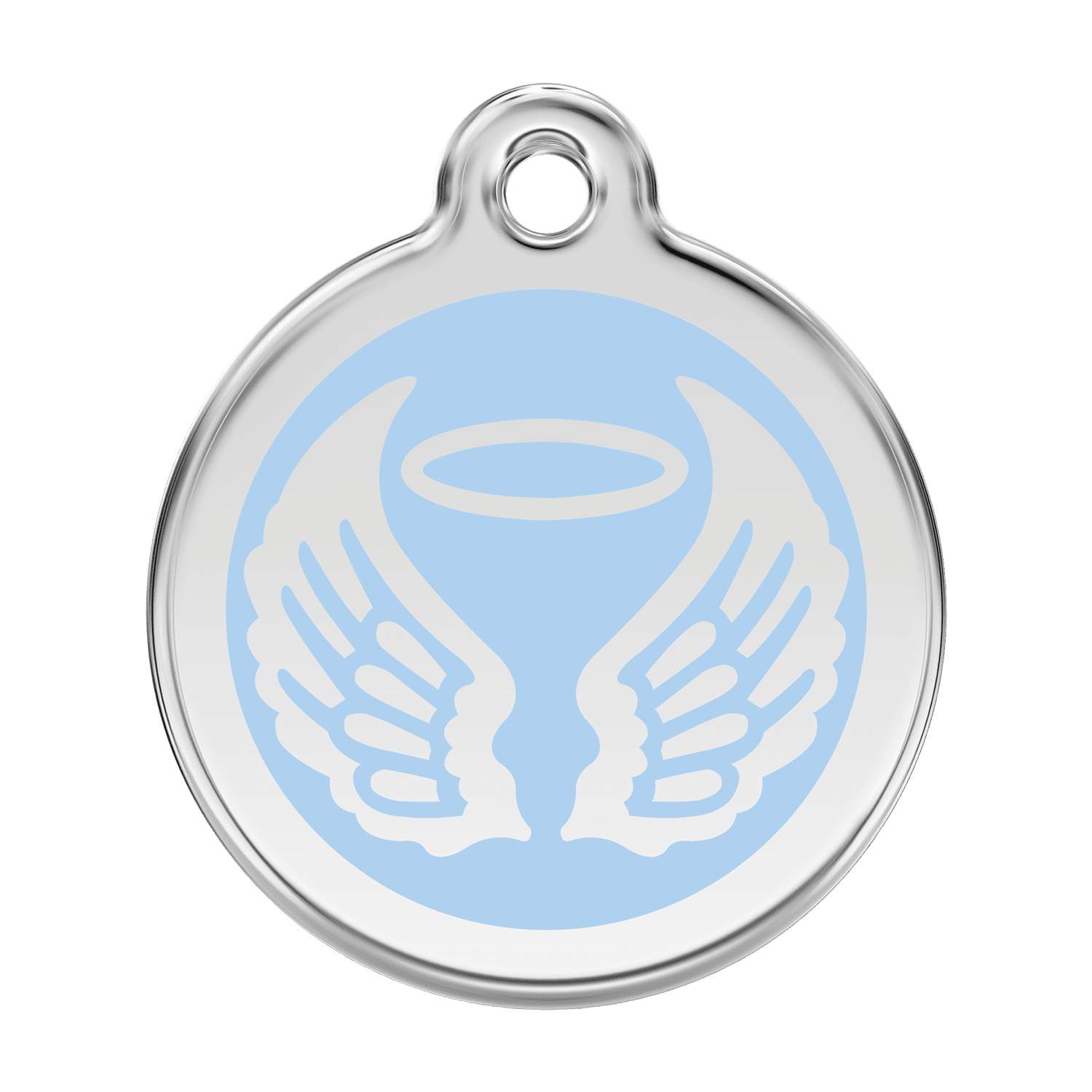 Vue avant - Médaille personnalisée pour chien Red Dingo Émail et acier inoxydable - Ailes d'anges - Bleu clair - Größe L