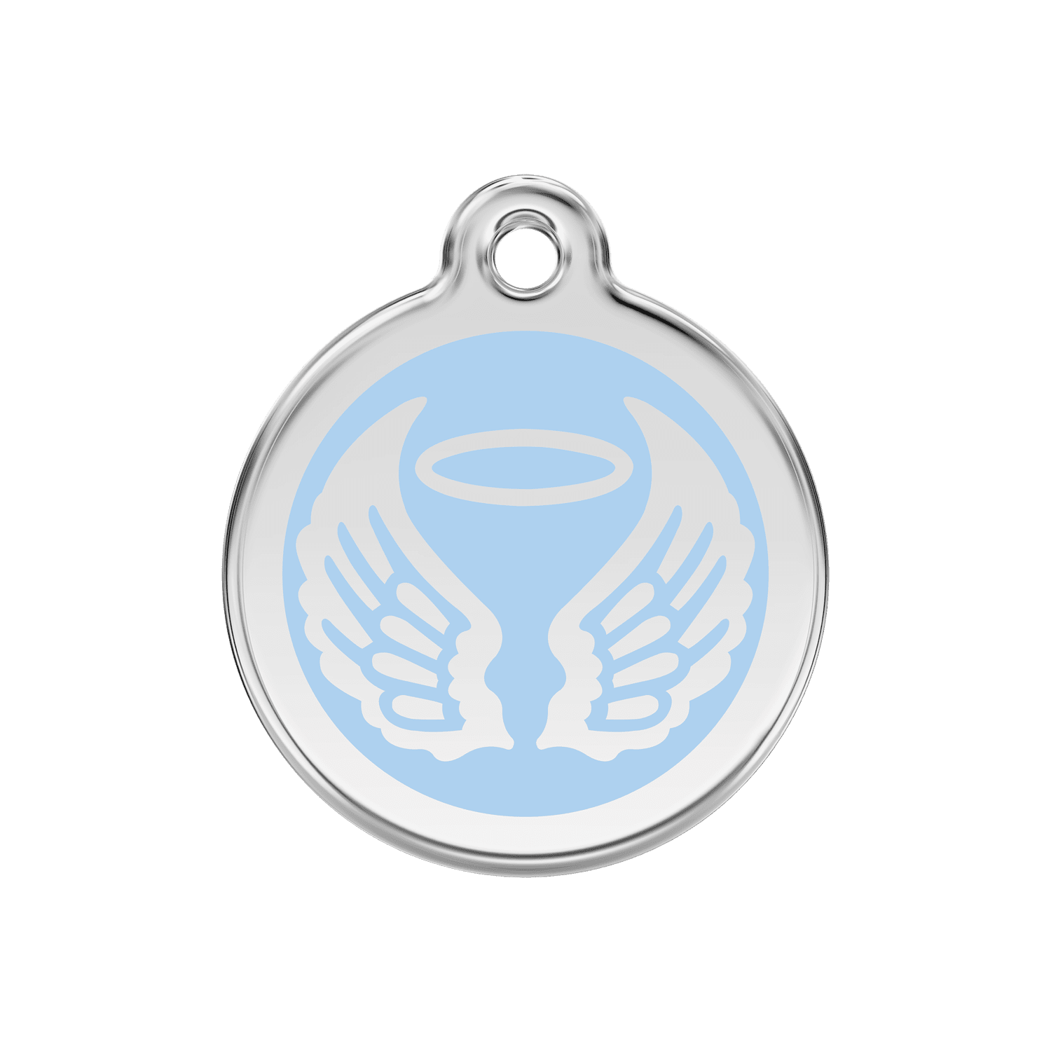 Vue avant - Médaille personnalisée pour chien Red Dingo Émail et acier inoxydable - Ailes d'anges - Bleu clair - Größe M