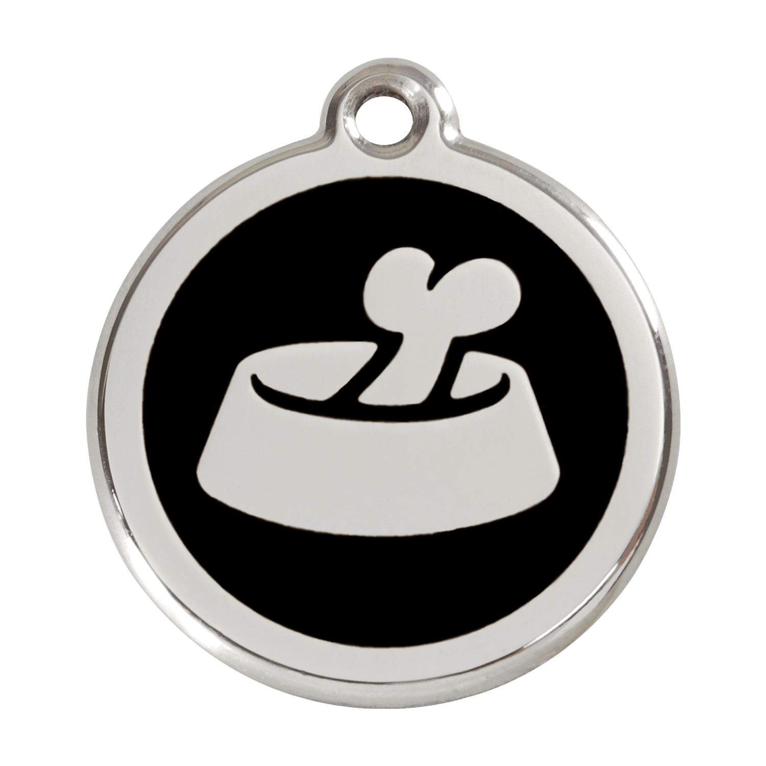 Vue avant - Médaille personnalisée pour chien en émail et acier inoxydable - Red Dingo - Motif os dans un bol - Noir - Größe L