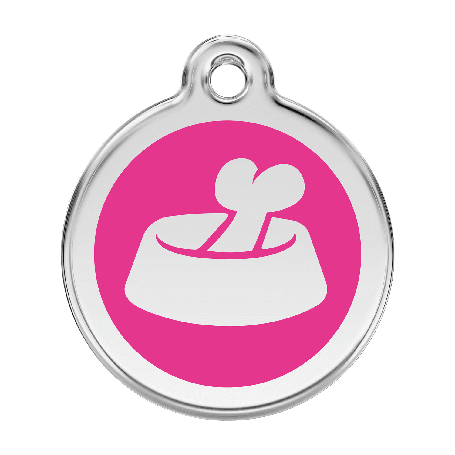 Vue avant - Médaille personnalisée pour chien Red Dingo Émail et acier inoxydable - Motif os dans un bol - Rose vif - Größe L