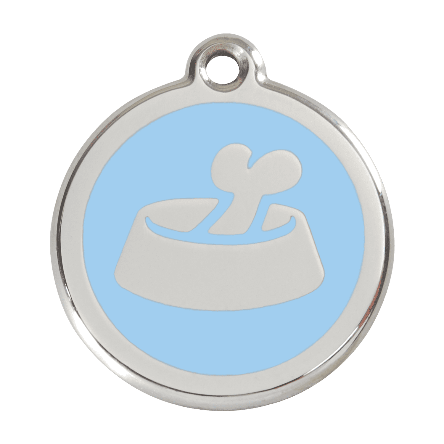 Vue avant - Médaille personnalisée pour chien Red Dingo Émail et acier inoxydable - Os dans un bol - Bleu clair - Größe L