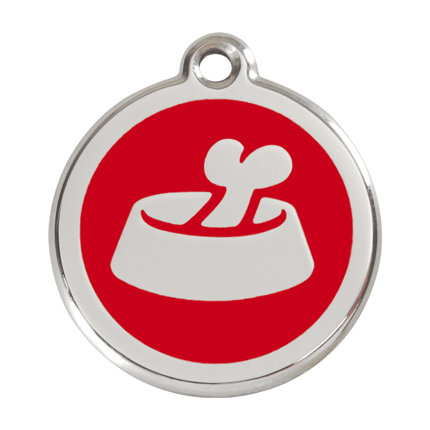Vue avant - Médaille personnalisable pour chien en émail et acier inoxydable - Red Dingo - Os dans un bol - Rouge - Größe L