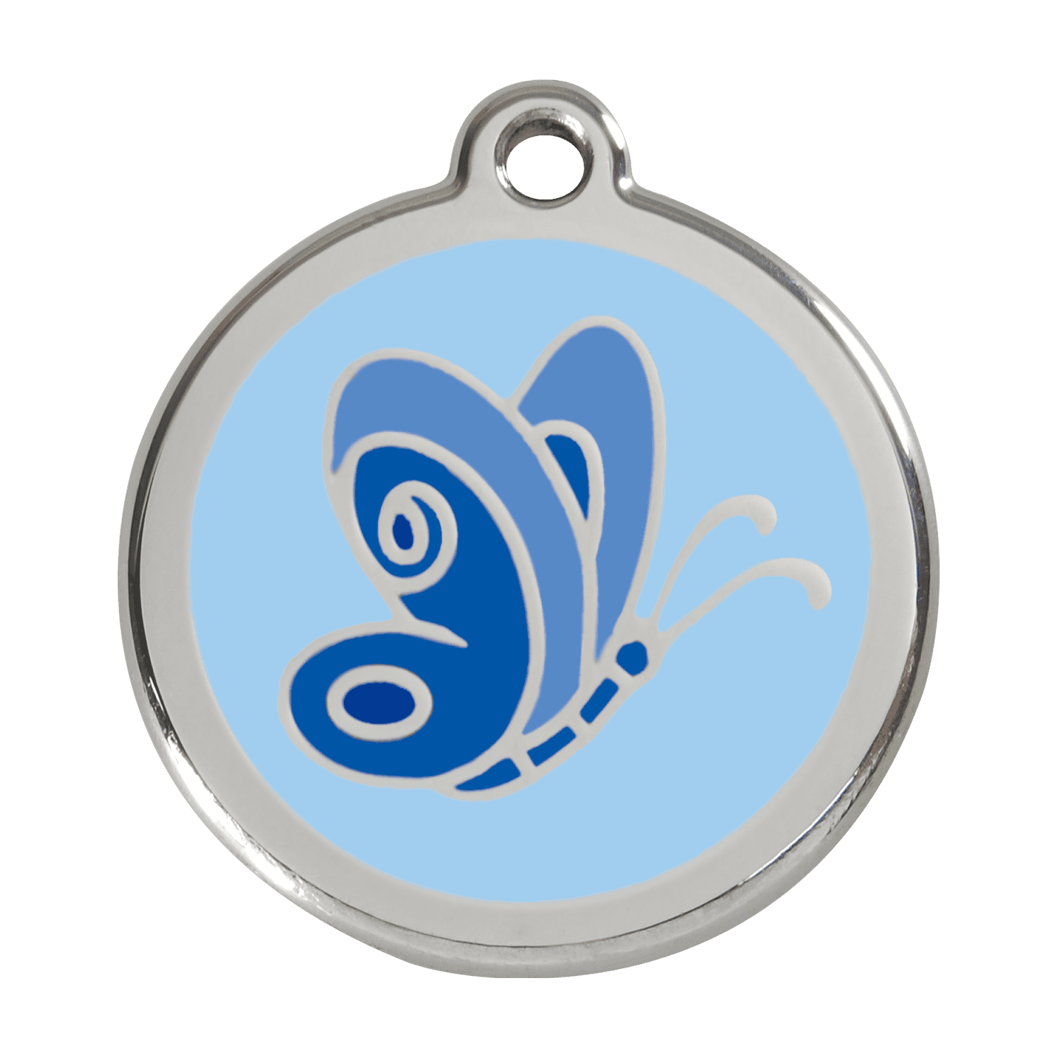 Vue avant - Médaille personnalisée pour chien Red Dingo Émail et acier inoxydable - Motif papillon - Bleu clair - Größe L