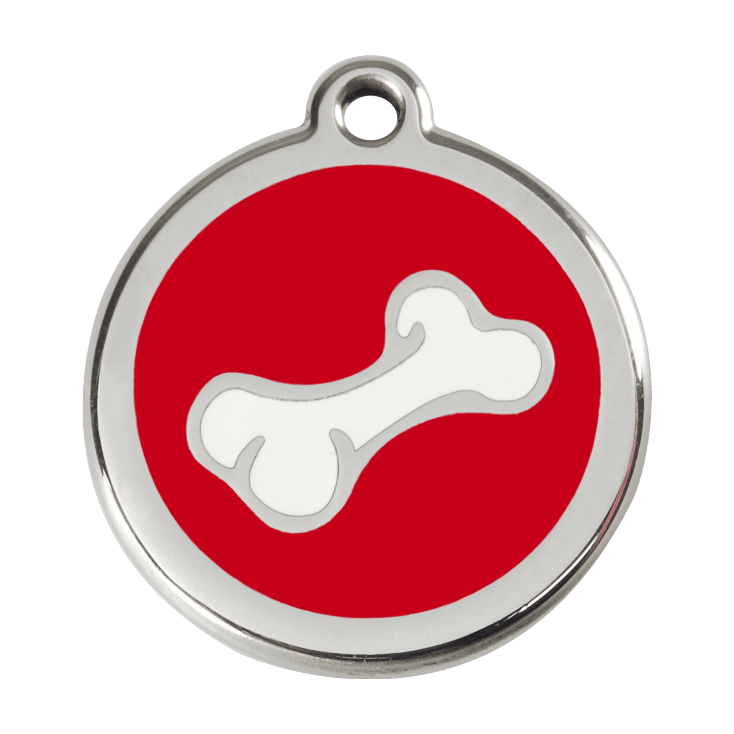 Vue avant - Médaille personnalisée pour chien Red Dingo en émail et acier inoxydable - Os rouge - Größe L