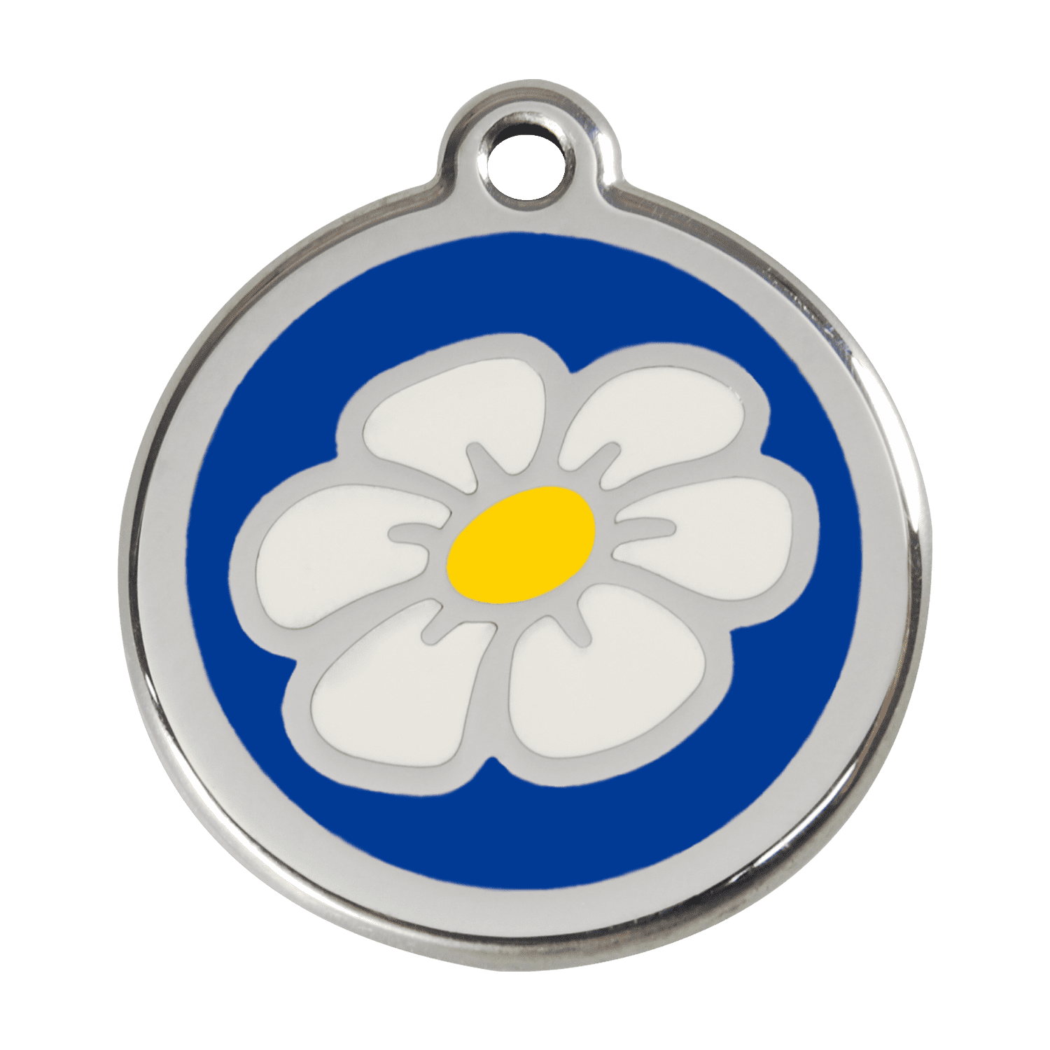 Vue avant - Médaille personnalisée pour chien - Red Dingo Émail et acier inoxydable Marguerite Bleu foncé - Größe L