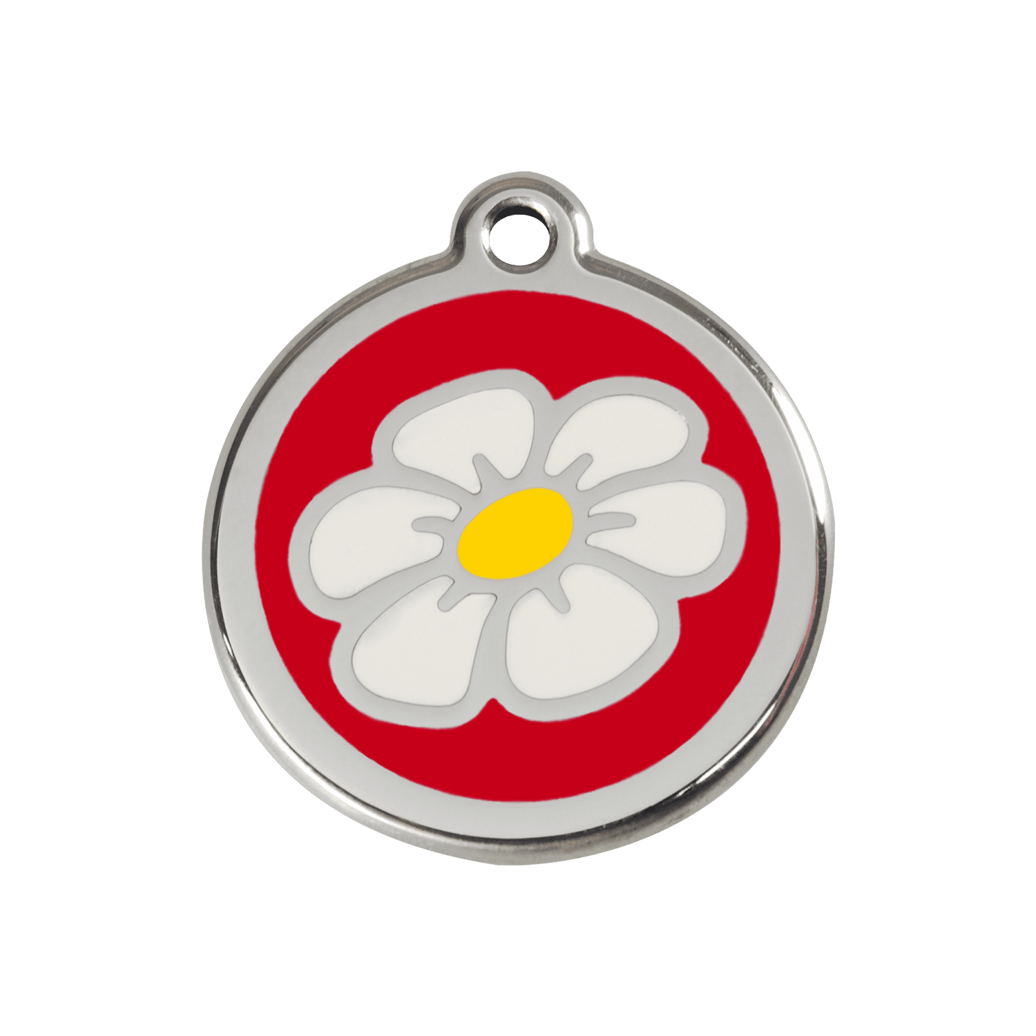Vue avant - Médaille personnalisée pour chien ou chat - Red Dingo Émail et acier inoxydable Marguerite Rouge - Größe M