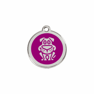 Katzenmarke klein mit violettem Hundemotiv aus Emaille und Edelstahl