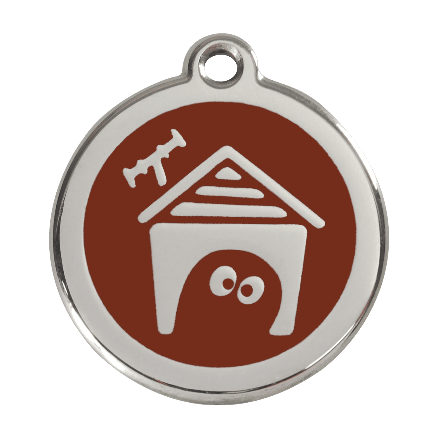 Vue avant - Médaille personnalisée pour chien Red Dingo en émail et acier inoxydable - Motif Niche - Brun - Größe L
