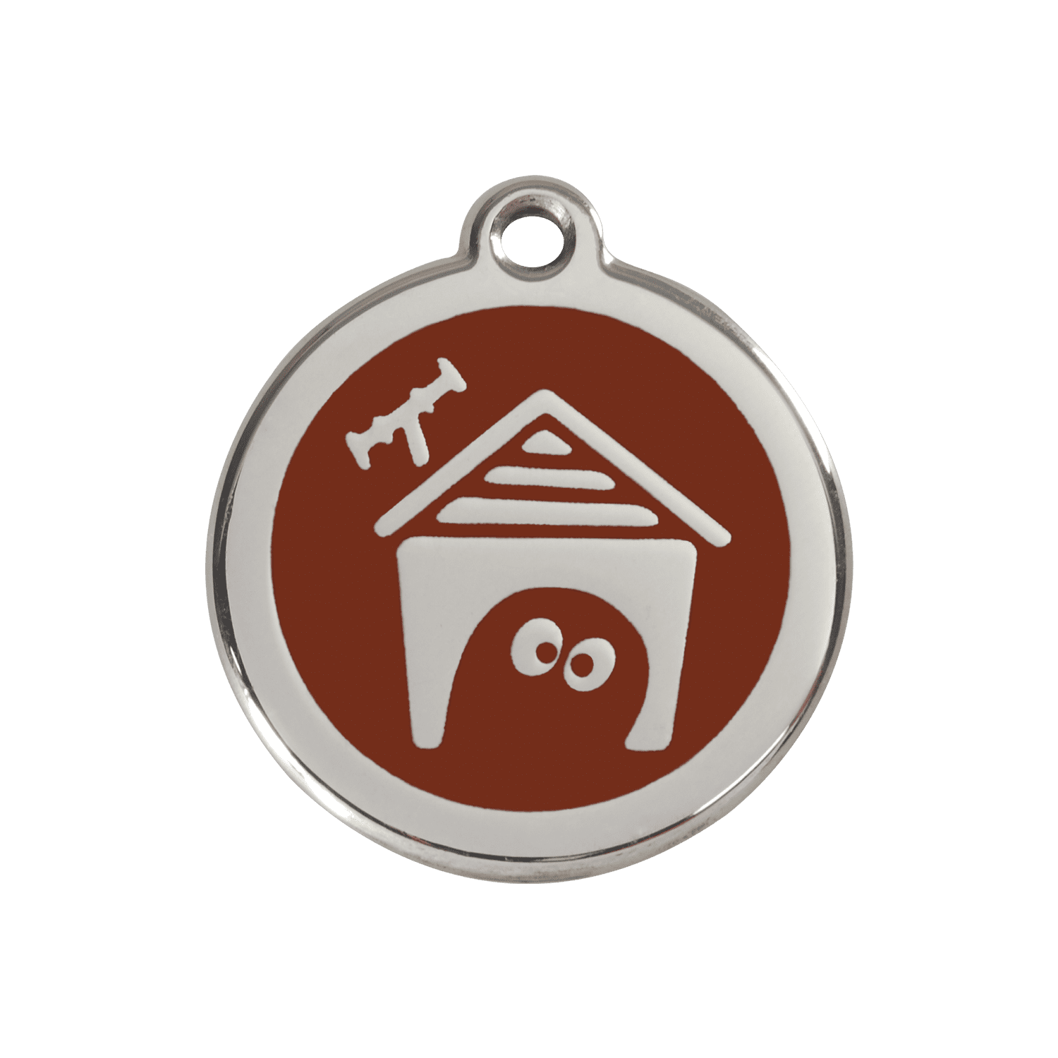 Vue avant - Médaille personnalisée pour chien Red Dingo en émail et acier inoxydable - Motif Niche - Brun - Größe M