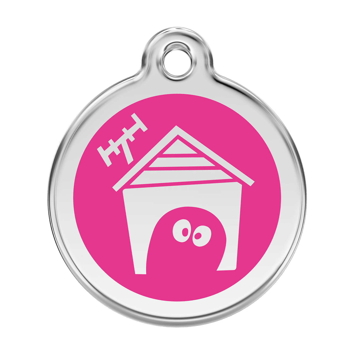 Vue avant - Médaille personnalisable pour chien en émail et acier inoxydable - Red Dingo - Motif Niche - Rose vif - Größe L