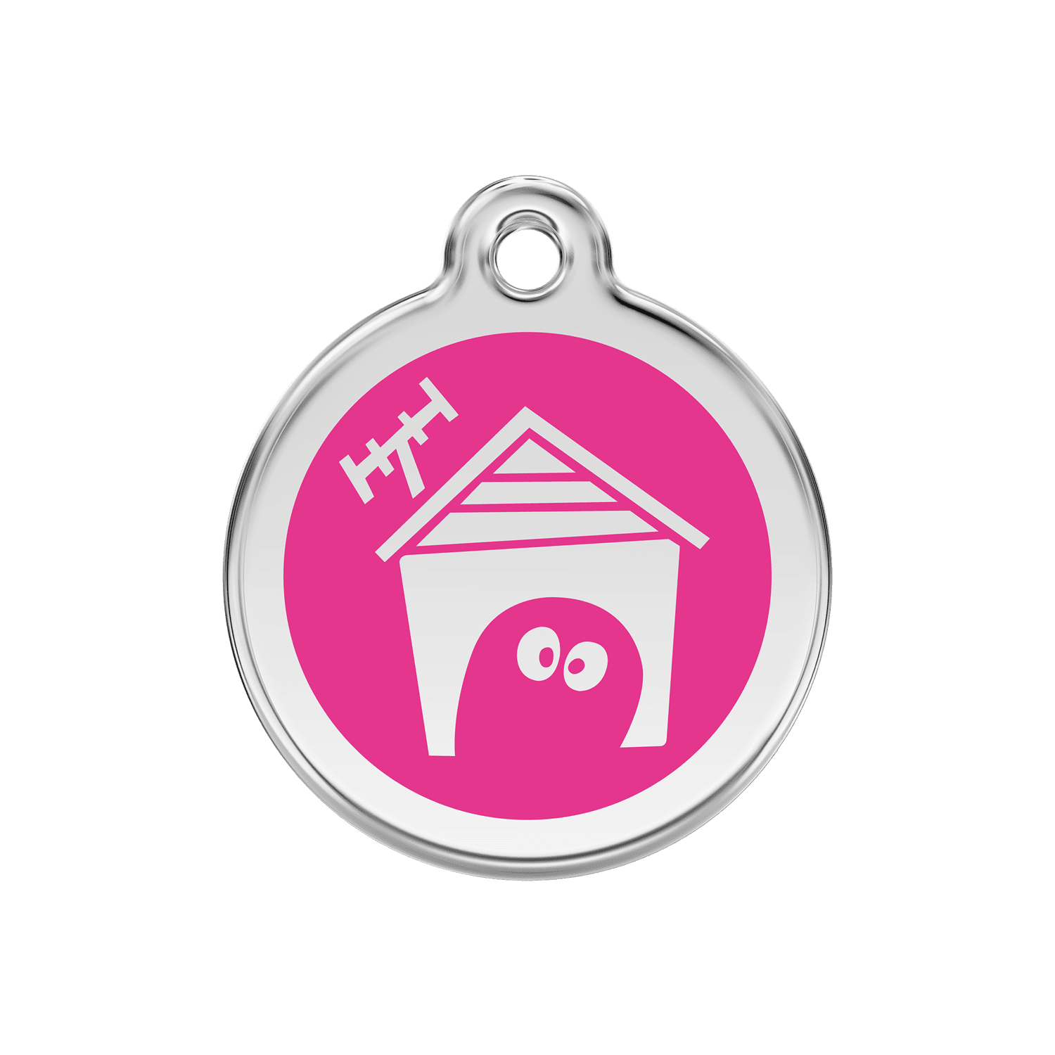 Vue avant - Médaille personnalisée pour chien en émail et acier inoxydable - Red Dingo - Motif Niche - Rose vif - Größe M
