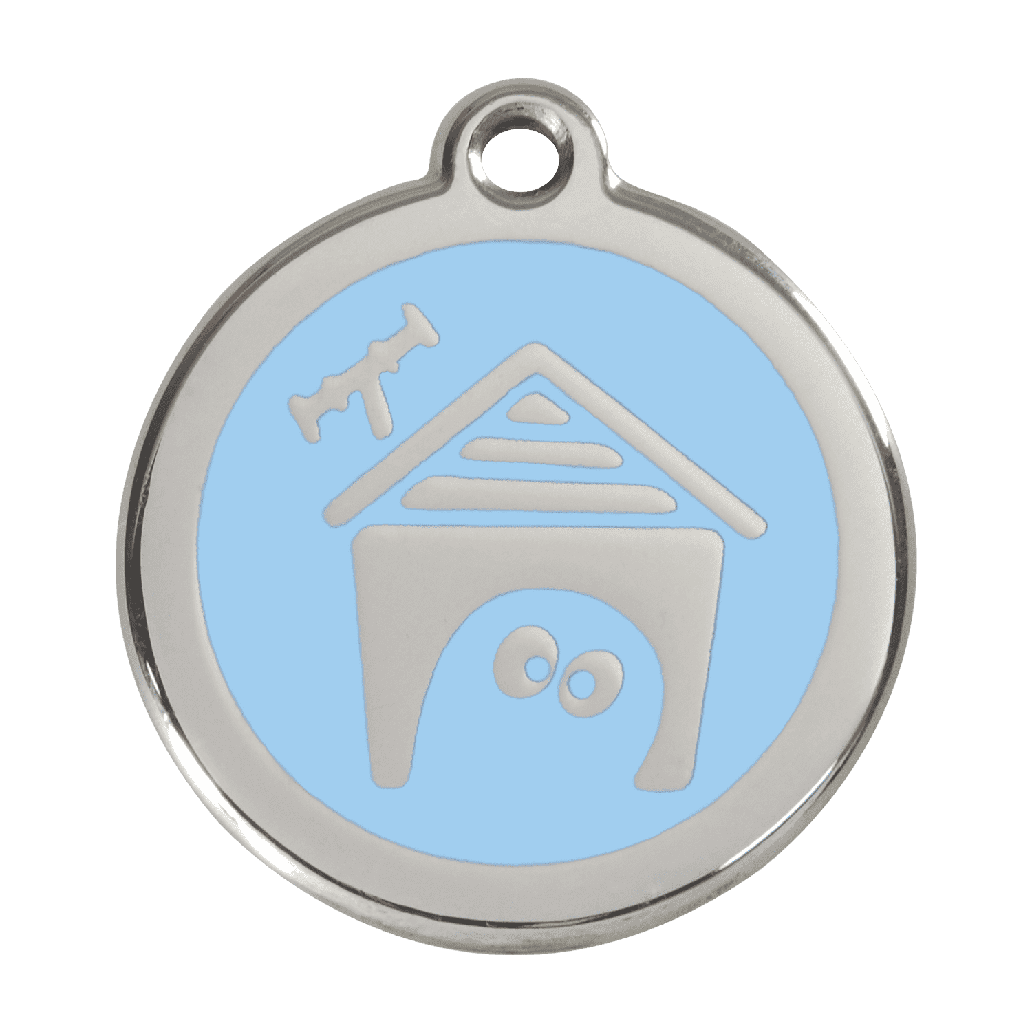 Vue avant - Médaille personnalisée pour chien Red Dingo Émail et acier inoxydable - Motif Niche - Bleu clair - Größe L