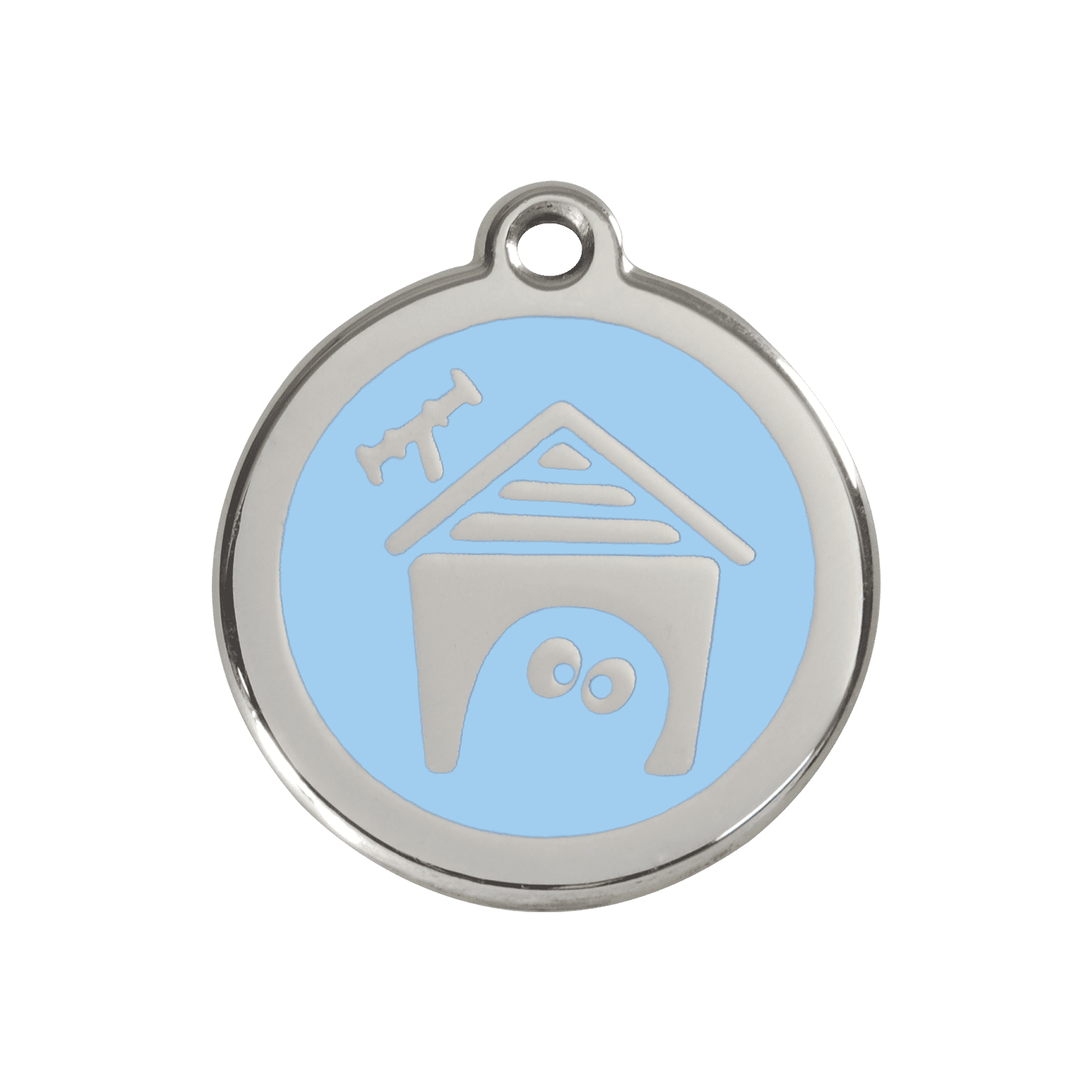 Vue avant - Médaille personnalisée pour chien Red Dingo Émail et acier inoxydable - Motif Niche - Bleu clair - Größe M