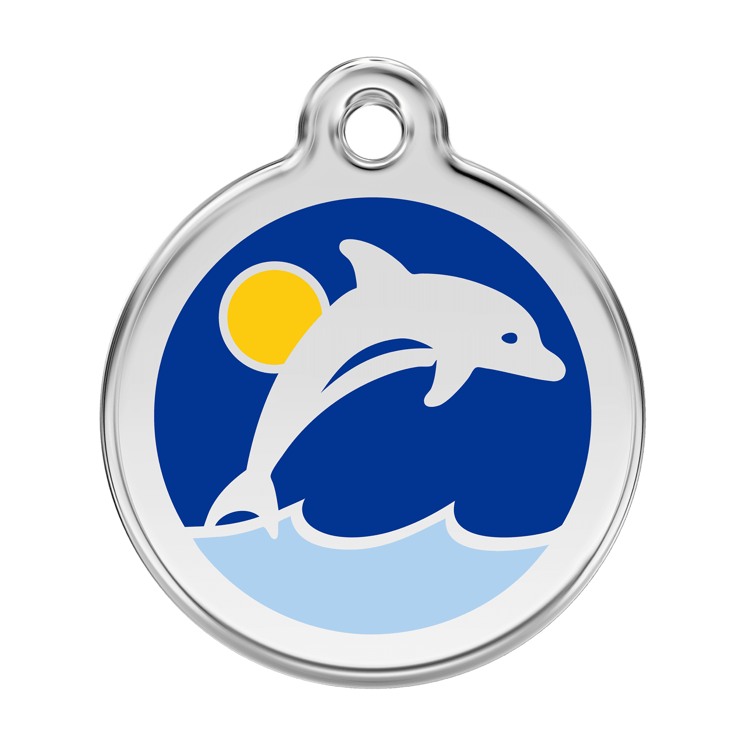 Vue avant - Médaille personnalisée pour chien - Red Dingo Émail et acier inoxydable - Dauphin Bleu foncé - Größe L
