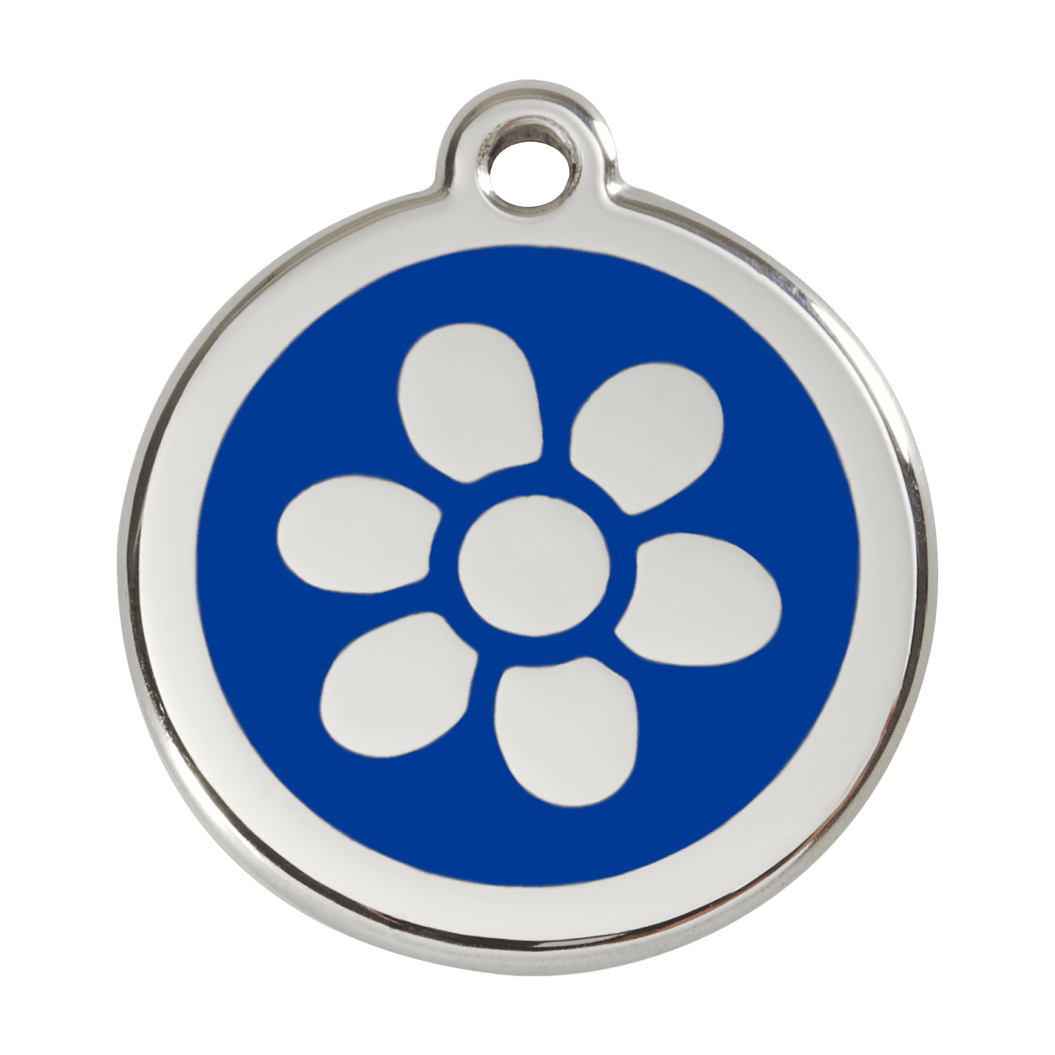 Vue avant - Médaille personnalisée pour chien Red Dingo Émail et acier inoxydable - Fleur bleue - Größe L