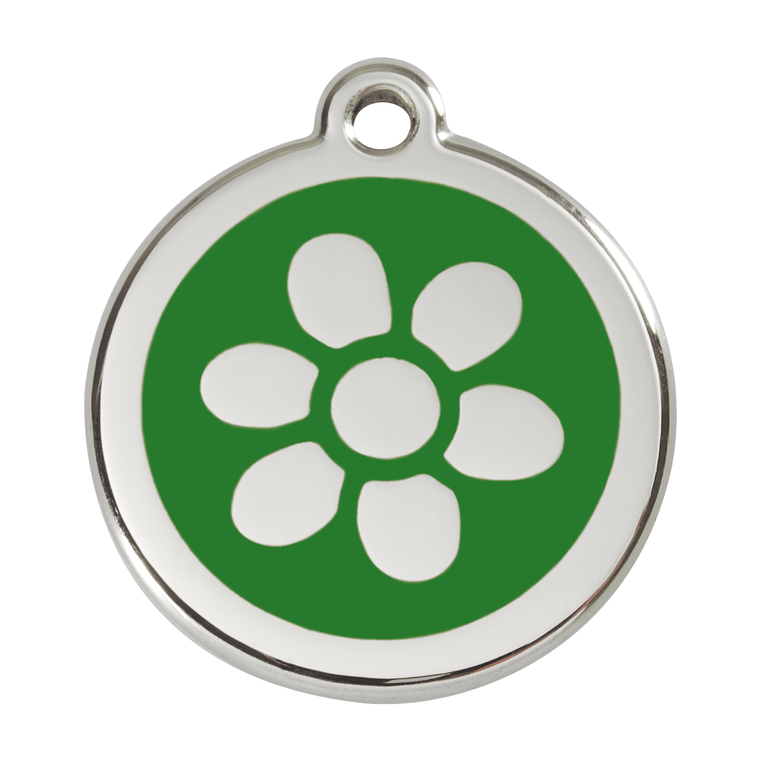 Vue avant - Médaille personnalisée pour chien Red Dingo Émail et acier inoxydable - Fleur Vert - Größe L