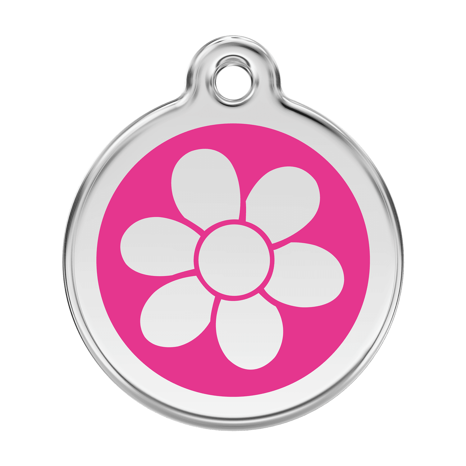 Vue avant - Médaille personnalisée pour chien Red Dingo Émail et acier inoxydable - Fleur Rose vif - Größe L