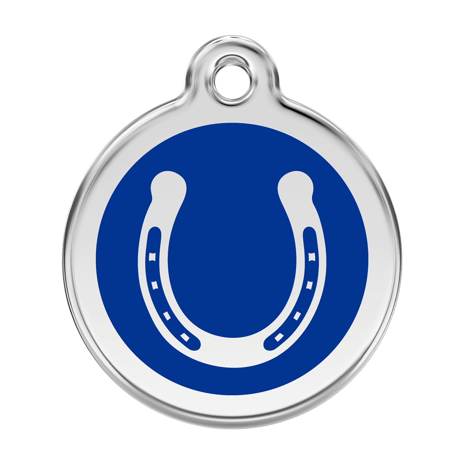 Vue avant - Médaille personnalisée pour chien en émail et acier inoxydable - Red Dingo - Fer à cheval - Bleu foncé - Größe L