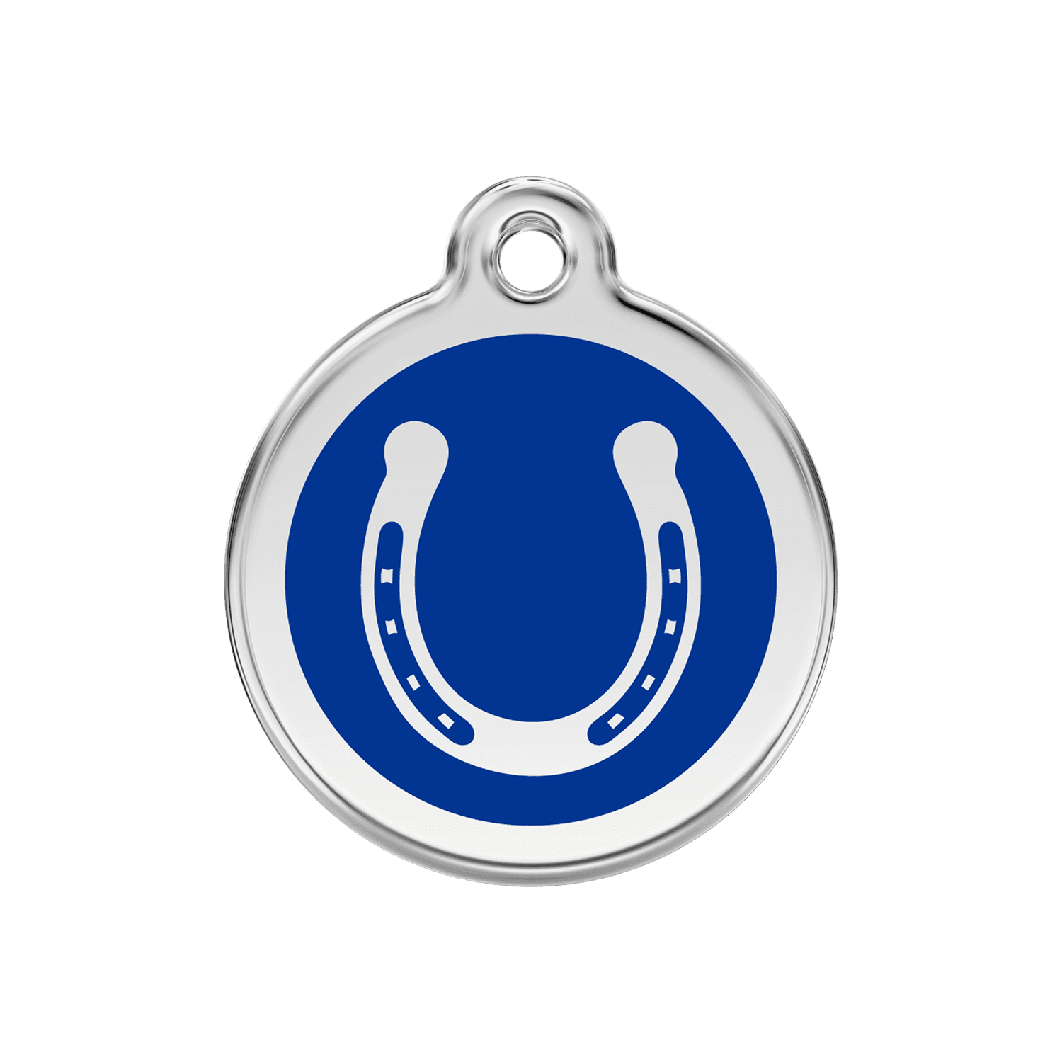 Vue avant - Médaille personnalisable pour chien Red Dingo Émail et acier inoxydable Fer à cheval Bleu foncé 30.00mm