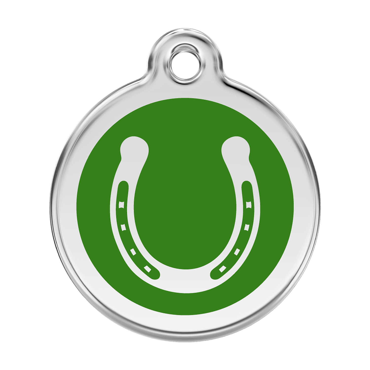Vue avant - Médaille personnalisable pour chien Red Dingo Émail et acier inoxydable - Fer à cheval - Vert - Größe L