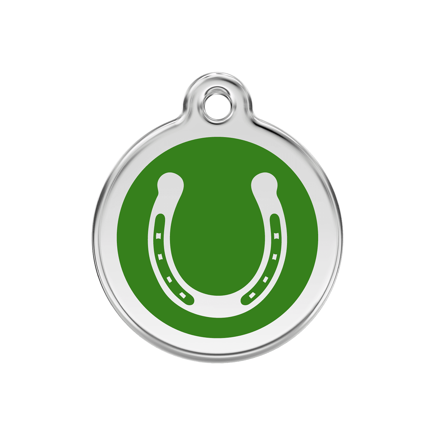 Vue avant - Médaille personnalisée pour chien Red Dingo Émail et acier inoxydable Fer à cheval Vert 30.00mm