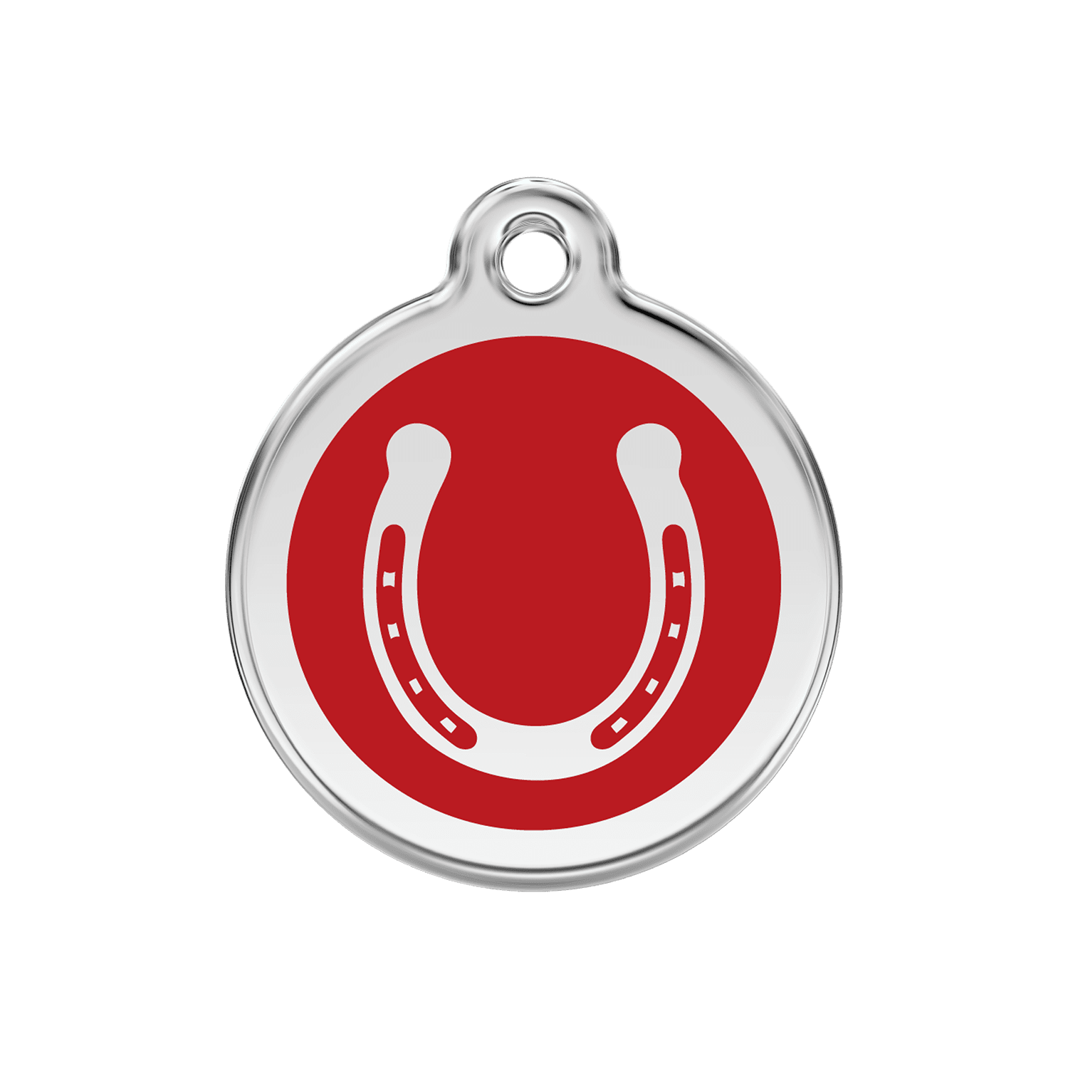 Vue avant - Médaille personnalisée pour chien ou chat Red Dingo Émail et acier inoxydable Fer à cheval Rouge 30.00mm - Marque Red Dingo