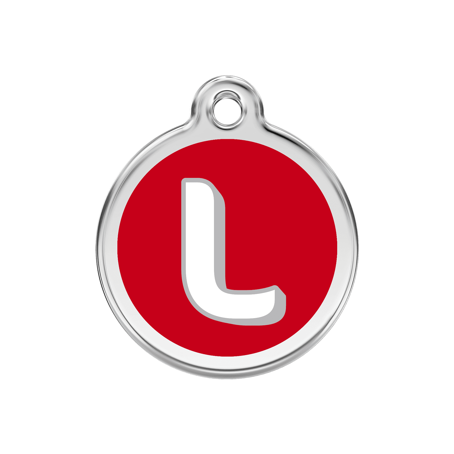 Vue avant - Médaille personnalisée pour chien Red Dingo Émail et acier inoxydable - Lettre L - Rouge - Größe M