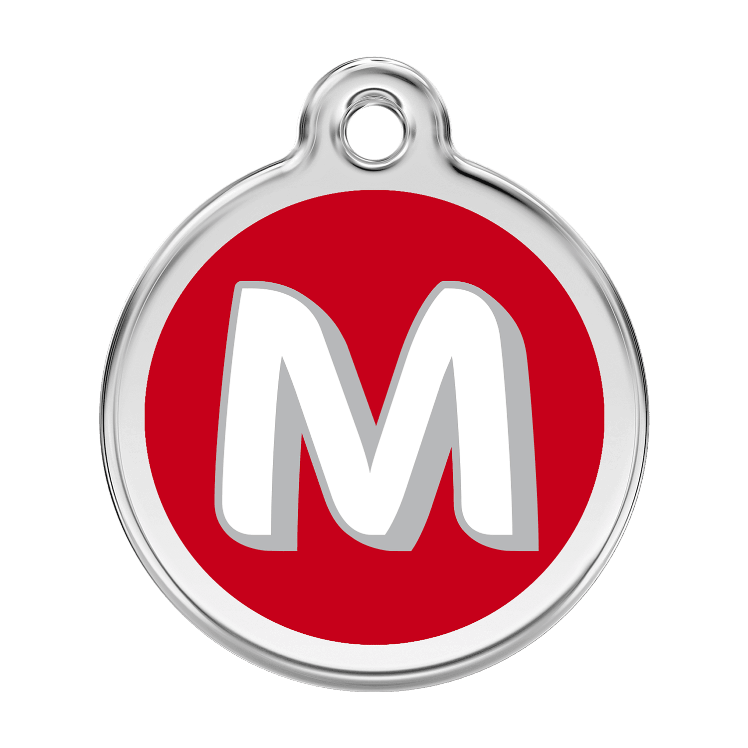 Vue avant - Médaille personnalisée pour chien Red Dingo Émail et acier inoxydable - Lettre M - Rouge - Größe L