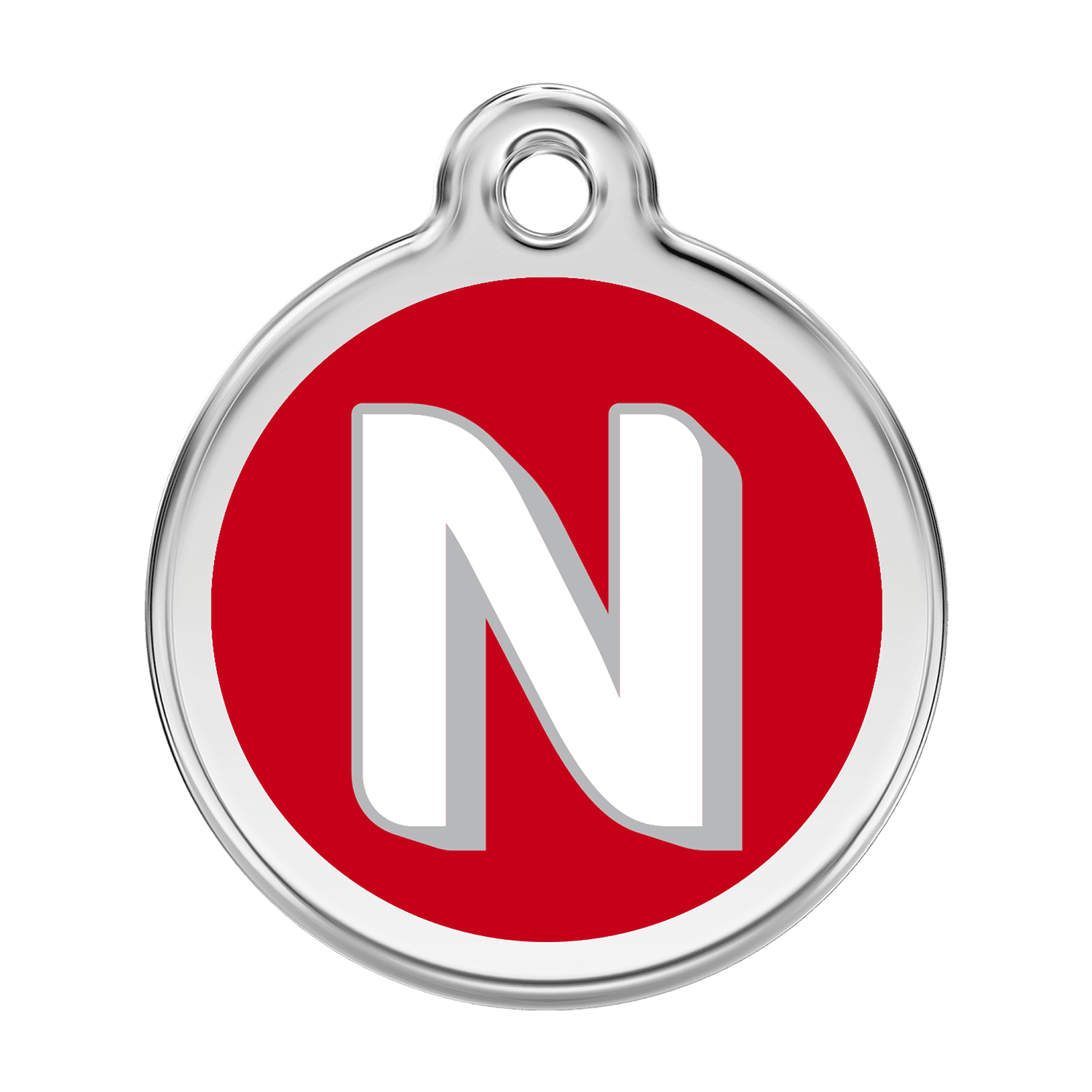 Vue avant - Médaille personnalisée pour chien Red Dingo Émail et acier inoxydable - Lettre N - Rouge - Größe L