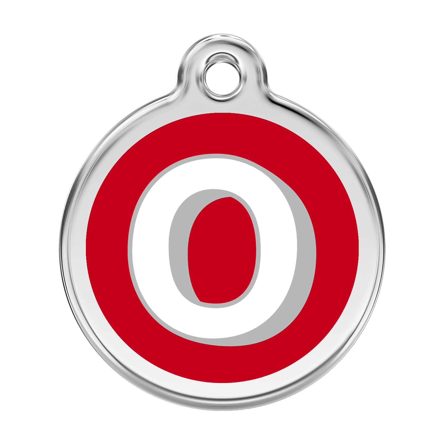 Vue avant - Médaille personnalisée pour chien ou chat - Red Dingo Émail et acier inoxydable - Lettre O rouge - Größe L