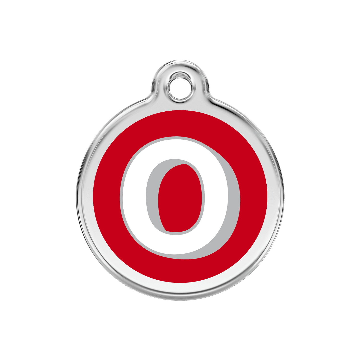 Vue avant - Médaille personnalisable pour chien Red Dingo Émail et acier inoxydable - Lettre O rouge - Größe M