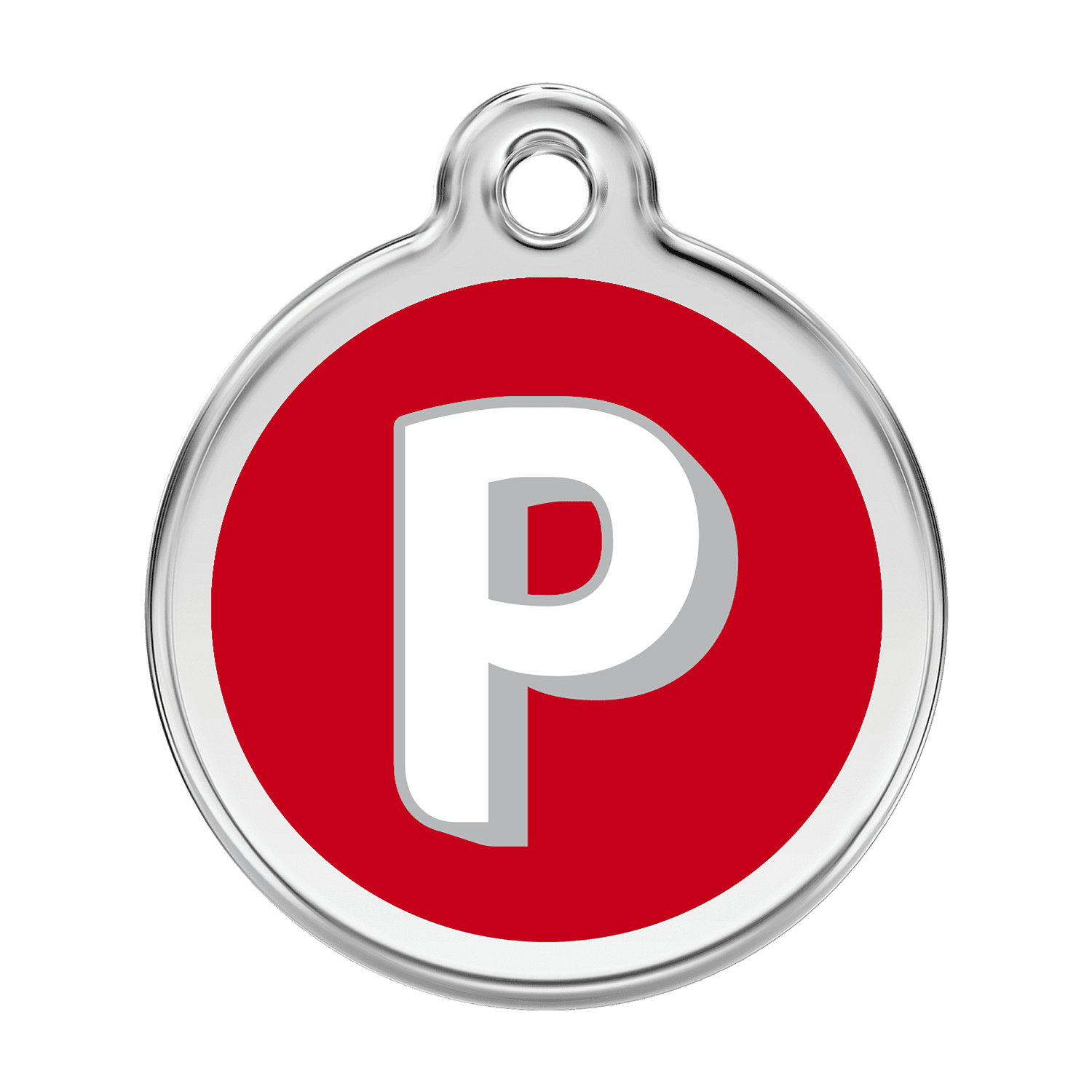 Vue avant - Médaille personnalisée pour chien Red Dingo Émail et acier inoxydable - Lettre P - Rouge - Größe L