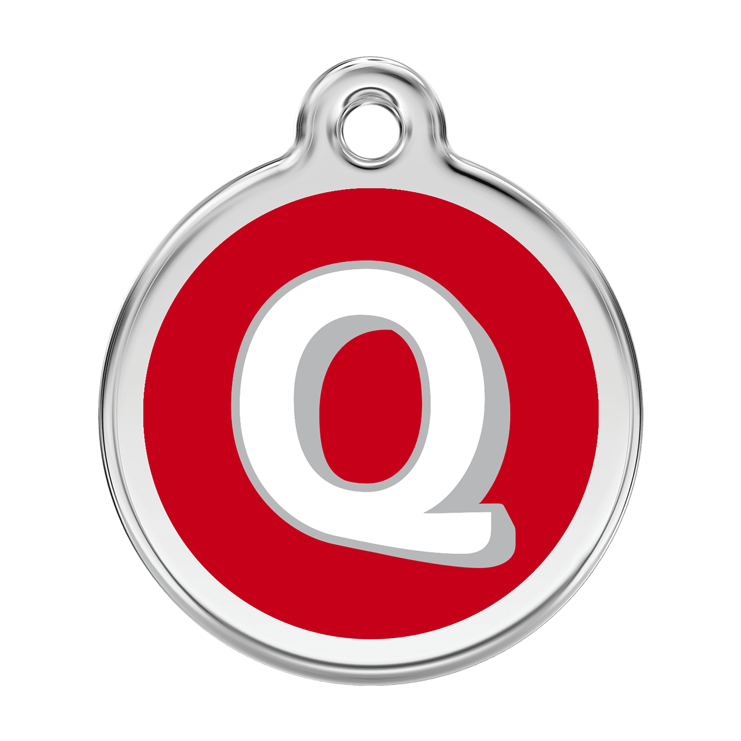 Vue avant - Médaille personnalisée pour chien Red Dingo Émail et acier inoxydable - Lettre Q - Rouge - Größe L