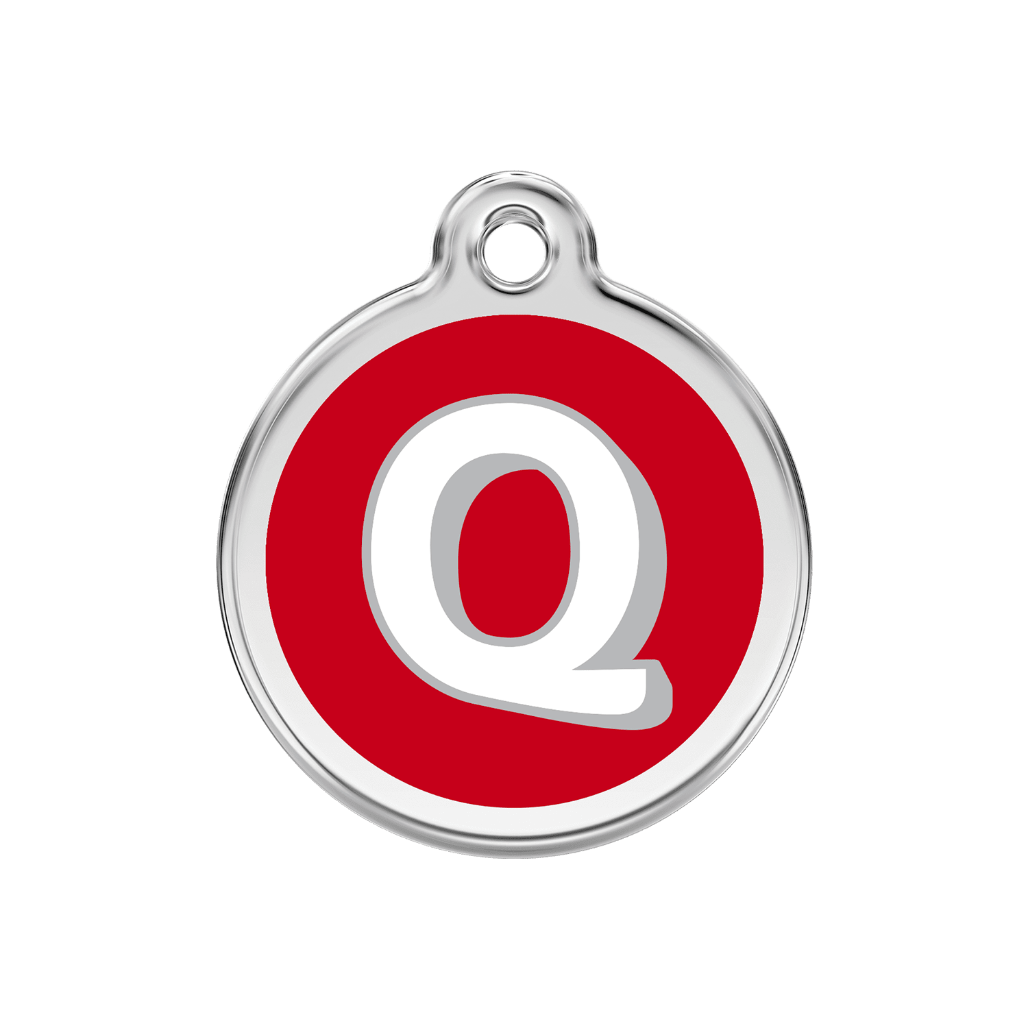 Vue avant - Médaille personnalisée pour chien Red Dingo Émail et acier inoxydable - Lettre Q rouge - Größe M