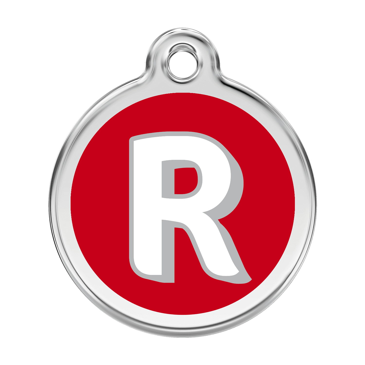 Vue avant - Médaille personnalisée pour chien Red Dingo Émail et acier inoxydable - Lettre R - Rouge - Größe L