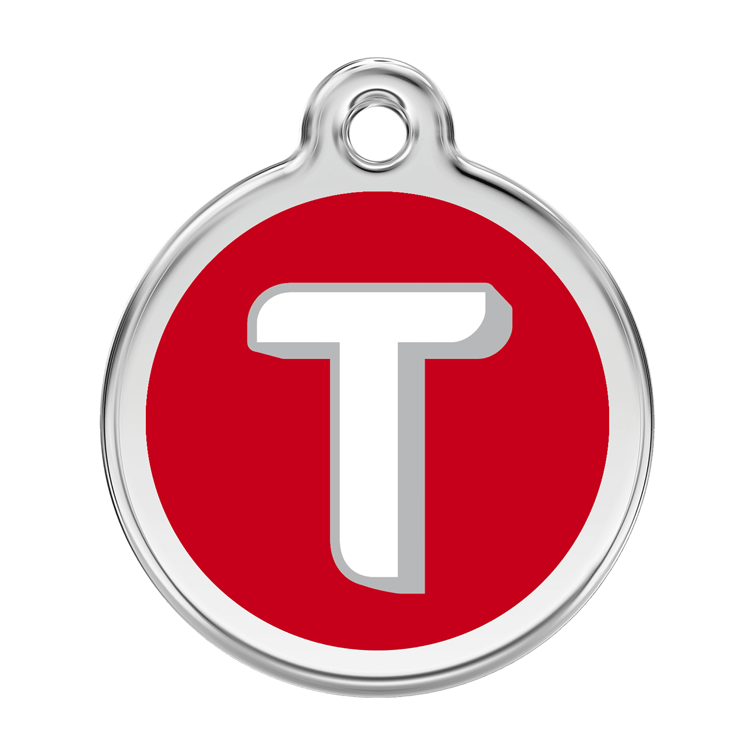 Vue avant - Médaille personnalisée pour chien Red Dingo Émail et acier inoxydable - Lettre T - Rouge - Größe L