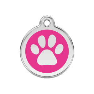 Hundemarke M mit pinker Pfotenabdruck-Verzierung aus Emaille und Edelstahl