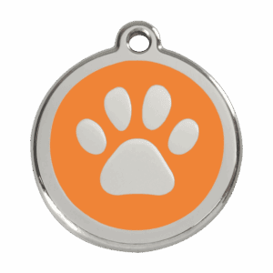 Hundemarke groß mit orangem Pfotenabdruck aus Emaille und Edelstahl