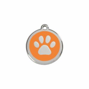 Tiermarke S Orange mit Pfotenabdruck aus Emaille und Edelstahl für Katze oder kleinen Hund