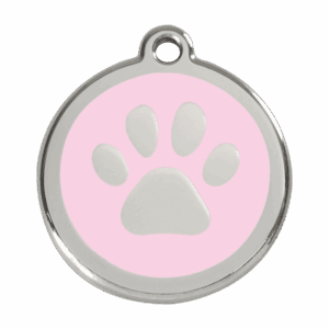 Hundemarke groß mit rosa Pfotenabdruck aus Emaille und Edelstahl