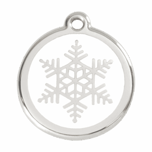 Hundemarke groß mit weißem Schneeflocken-Motiv aus Emaille und Edelstahl