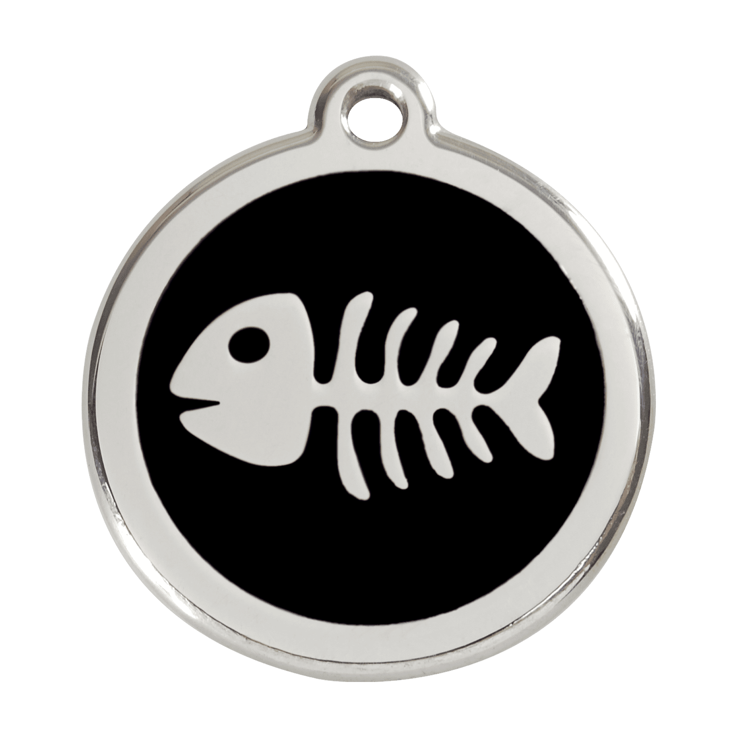 Vue avant - Médaille personnalisable pour chien Red Dingo Émail et acier inoxydable - Squelette de poisson - Noir - Größe L