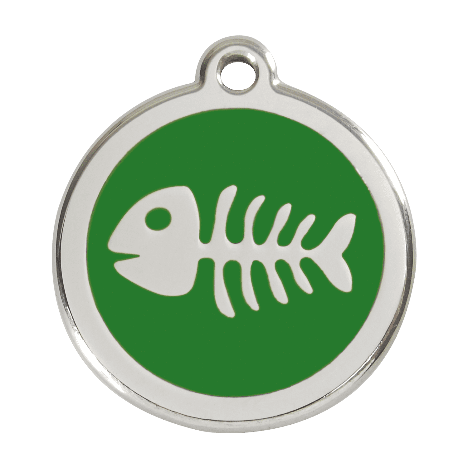 Vue avant - Médaille personnalisée pour chien Red Dingo Émail et acier inoxydable - Squelette de poisson - Vert - Größe L