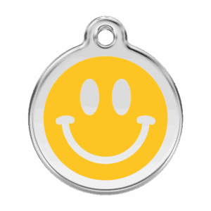 Gelbe Hundemarke Smiley L aus Emaille und Edelstahl