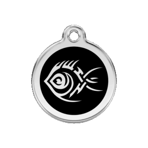 Hundemarke Tribal-Fisch Schwarz Größe M aus Emaille und Edelstahl