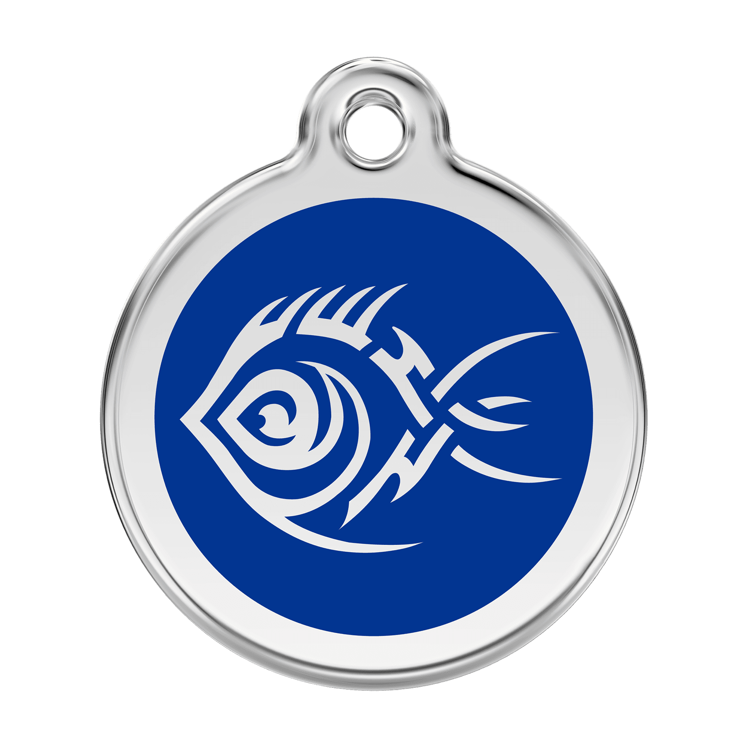 Vue avant - Médaille personnalisée pour chien Red Dingo Émail et acier inoxydable Poisson tribal Bleu foncé - Größe L